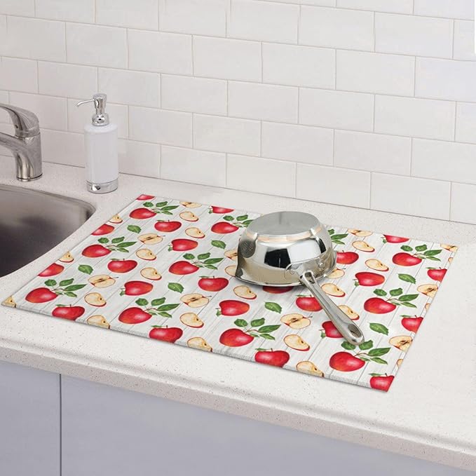 Apple Orchard Wood Grain Dish Drying Mat 18x24 For Kitchen Counter Absorbent Microfiber Dishes Pad Dish Drainer Rack Mats Fast Dry Kitchen Accessories