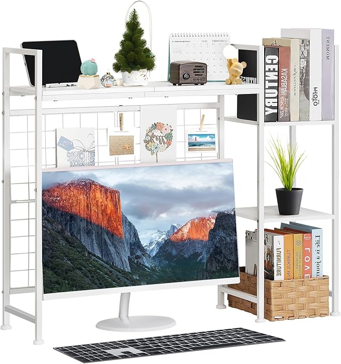 Desktop Bookshelf Organizer, Computer Desktop Bookcase, White Desk Hutch Dorm, Multipurpose Wood Desktop Hutch Storage Organizer, 3-Tier Wood Desk Bookshelf for Home Office Dorm