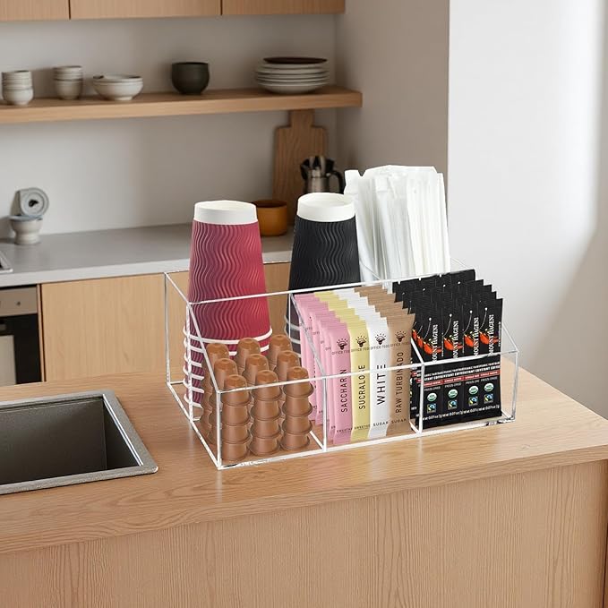 Coffee Bar Station Organizer for Countertop, Acrylic Coffee Pods Sugar Packets Tea Bags Storage Basket for Countertop, Clear