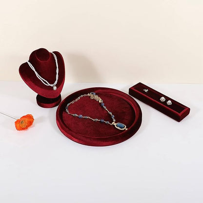 GemeShou Round Jewelry Organizer Plate, Top Microfiber Velvet Jewelry Display Tray, Empty Jewelry Showcase Tray for Necklaces, Bracelets, Rings, Earrings (Red-Large, 9.8 x 9.8 in)