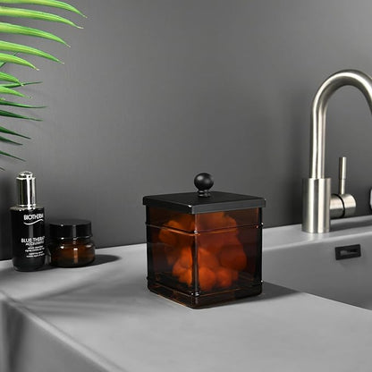 Indecor Home Amber Glass Cotton Jar Holder – Black Lid Elegant Bathroom Storage Canister for Qtips, Cotton Balls, Floss, Makeup Organizer, Vanity & Bathroom Organization