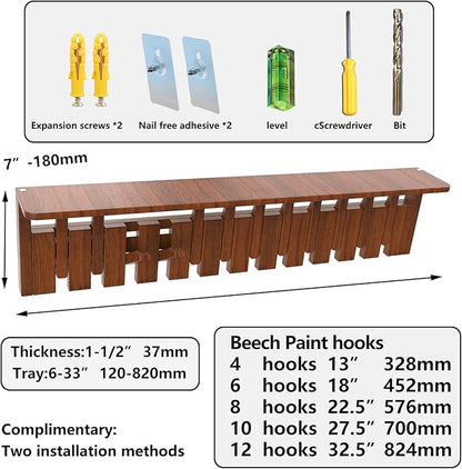 Wall Mounted Coat RackHooks Piano Key Hangers Natural Solid Wood Hanger Non-Woven Fabric Clothes Hangers for Closet, Kitchen, Bedroom, Bathroom, Entryway (Tray Walnut-Beech, 12 Hooks)