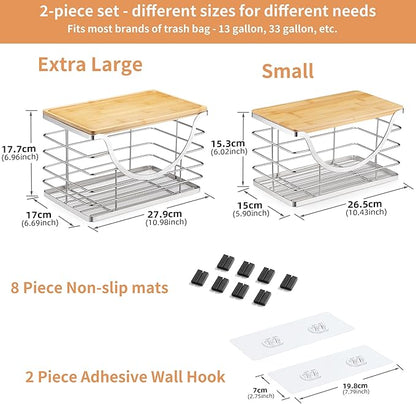 Extra Large Trash Bag Holder Stackable Kitchen Storage Slive, 2 Pack Wall Mounted Pantry Organizers and Storage with Bamboo Top, Garbage Bag Dispenser Under Sink for Laundry Room and Kitchen