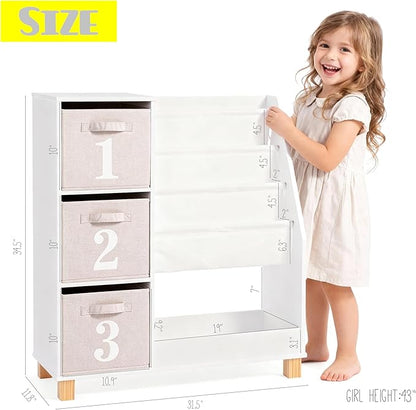 Spirich Kids Bookshelf with Storage Bins, Children Cube Storage Organizer, Montessori 3-Tier Book Display Rack, Book Shelf for Kids Rooms, Playroom, Nursery, White