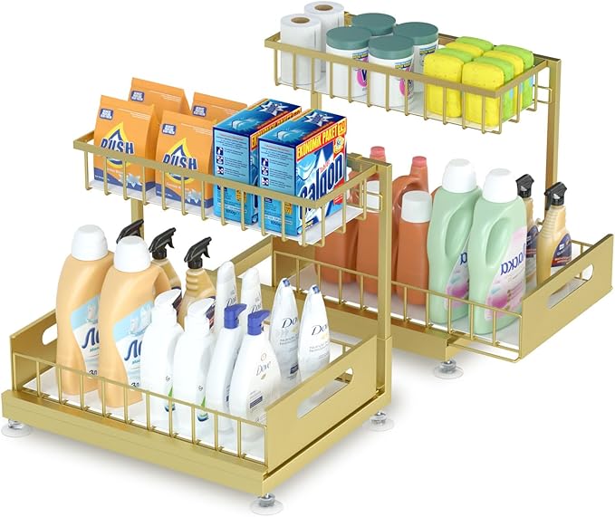 Under Sink Organizer Storage 2-Tier Premium Metal Pull-Out Racks, Height Adjustable, Heavy Dut and Easy Installation for Kitchen & Bathroom Organizers 2 Pack