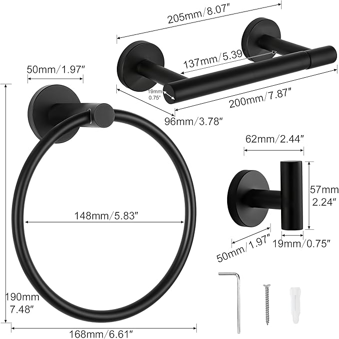 CozyTower Matte Black Quick Reload Toilet Paper Holder Wall Mount, SUS304 Stainless Steel Double Post Pivoting Tissue Roll Holder Hand Towel Holder Ring Wall Hook Bathroom Hardware Accessories Set