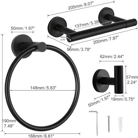 CozyTower Matte Black Quick Reload Toilet Paper Holder Wall Mount, SUS304 Stainless Steel Double Post Pivoting Tissue Roll Holder Hand Towel Holder Ring Wall Hook Bathroom Hardware Accessories Set