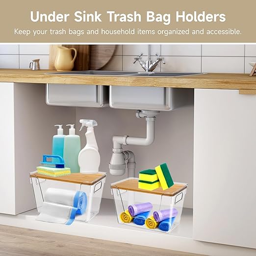 2-Pack Trash Bag Dispenser with Bamboo Top - Stackable Garbage Bag Holder, Acrylic Organizer with Handles for Under Sink Kitchen,Pantry,Laundry Room,Cabinet Organizer