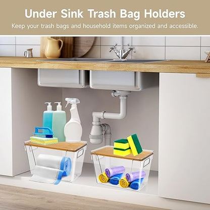 2-Pack Trash Bag Dispenser with Bamboo Top - Stackable Garbage Bag Holder, Acrylic Organizer with Handles for Under Sink Kitchen,Pantry,Laundry Room,Cabinet Organizer