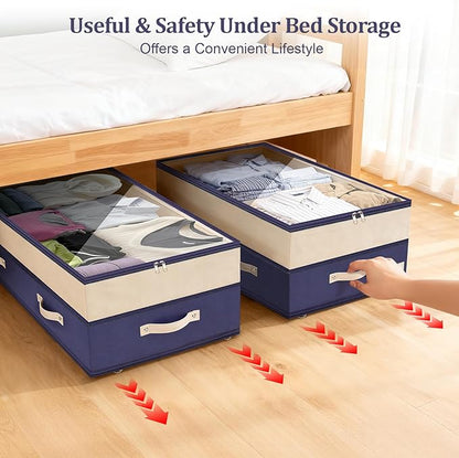 Dolicer 2 Pack Under Bed Storage with Wheels, 6in-10in Height Adjustable Underbed Storage Containers, 92L XXXL Under Bed Drawers Rolling Bin with Clear Lids for Dorm Shoes Clothes Organizers(Blue)