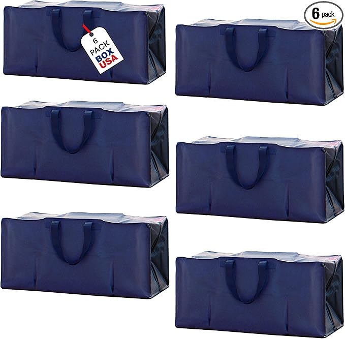BOX USA 6 Pack Extra Large Blue Moving Bags with Handles & Zippers | Heavy Duty Storage Totes, Packing, Dorm Room Essentials & College Space Saving