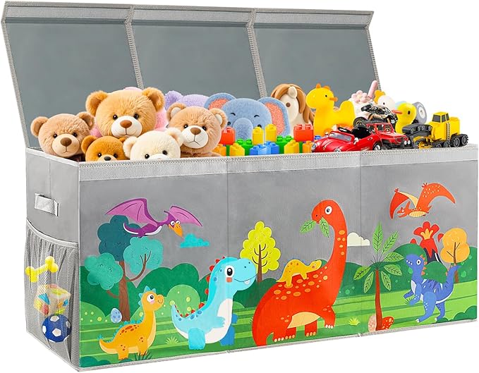 Extra Large Toy Box Chest with Lids, Collapsible Toy Storage Organizer for Kids, Dinosaur Toy Bin Box for Toddlers Boys Girls, Toy Organizer for Living Room Nursery Playroom Bedroom Home Grey