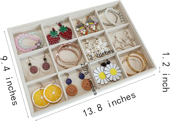 Stratalife Velvet Jewelry Organizer Stackable Earrings Organizer 12 Grid Bracelet Organizer Jewelry Drawer Organizer Jewelry Holder Display for Earring Necklace Women Girls Beige