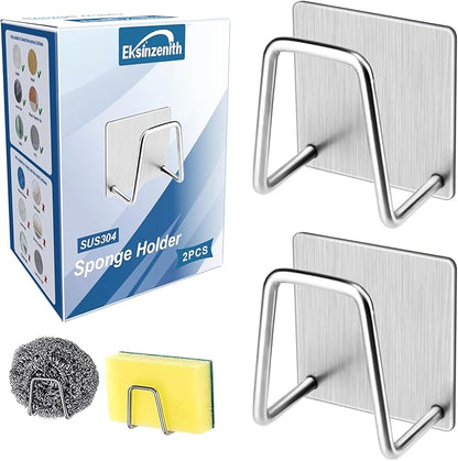 Eksinzenith 2Pcs Sponge Holder for Kitchen Sink，Strong Adhesive Small Sponge Holder，Sink Holder for Brush and Sponge，Premium Rustproof SUS304 Stainless Steel Rust Proof Waterproof (Silver)