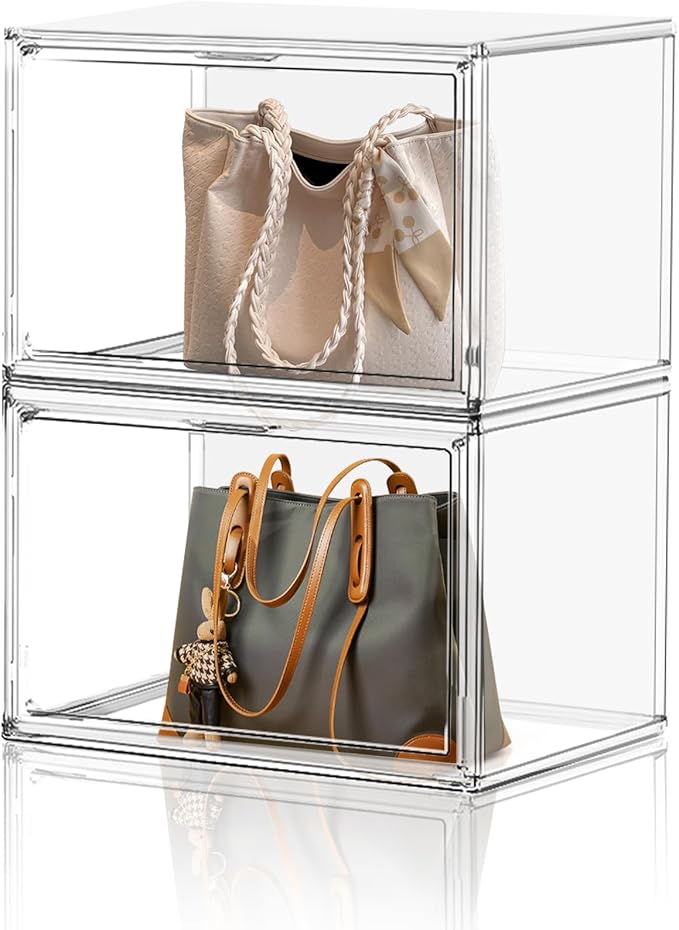 EZJOB XX-Large Clear Handbag Storage Organizer for Closet Acrylic Display Case Clear Purse Organizer 15 x 12 Inch Plastic Storage Box for Boots, Big Tote Bag, Collectibles, Cosmetic, 2 Pack