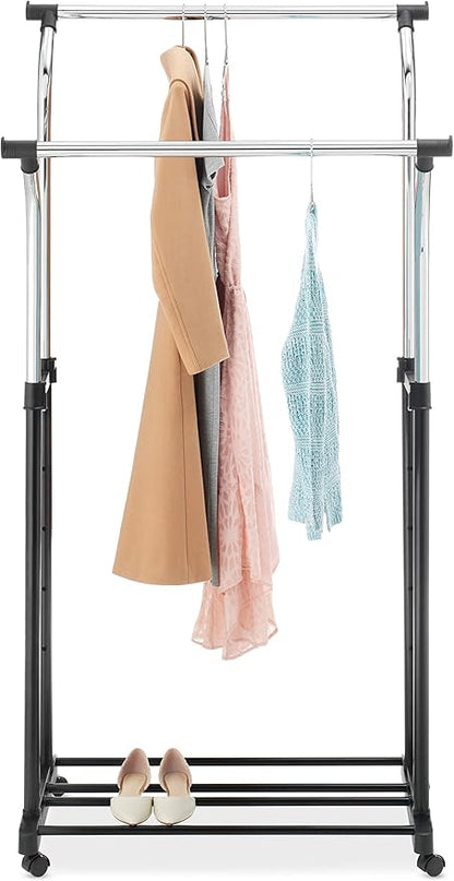 Whitmor Double Rods Clothes Rack, Rolling Clothing Rack for Hanging Clothes, Portable Wardrobe Rack, Adjustable Garment Rack with Wheels, Black & Silver