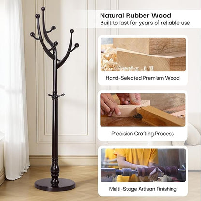 Freestanding Rubberwood Coat Rack, 11 Hooks & 16.5" Wide Round Base, Wooden Coat Rack Stand, Coat Hanger Free Standing Hall Tree for Entryway, Hallway, Bedroom, Jacket, Clothes (Wine Red)