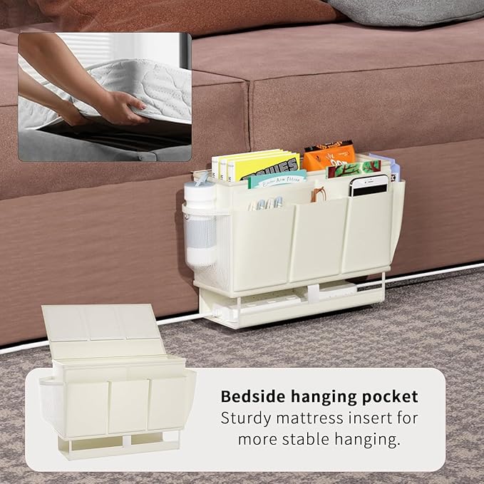 Frjjthchy Bedside Caddy Bedside Organizer,Bed Caddy with 11 Pockets and Power Strip Holder,Versatile Bedside Storage Caddy for Home,Dorm,Bunk,Hospital,Crib Bed (White)