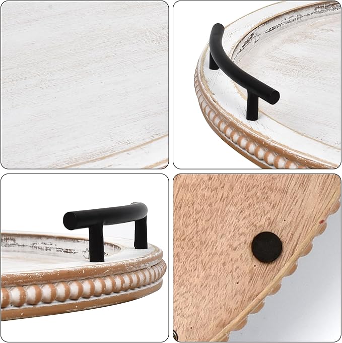 SwallowLiving 18Inch White Wooden Beaded Serving Tray with Handle Decorative Rustic Whitewashed Tray for Coffee Table Farmhouse Round Tray for Kitchen, Living Room and Bedroom