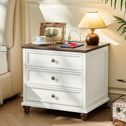 Joaxswe Farmhouse Nightstand with Charging Station, 24" Wide End Table with 3 Drawers,White Wood Dresser for Bedroom, Bed Side Table Chest of Drawers Cabinet,Night Stand for Living Room, Closet