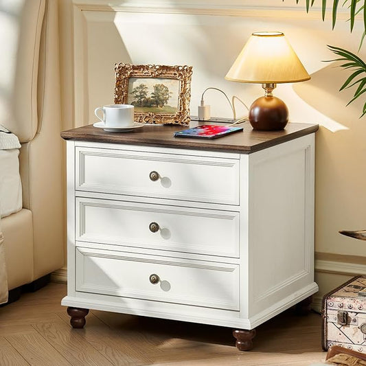 Joaxswe Farmhouse Nightstand with Charging Station, 24" Wide End Table with 3 Drawers,White Wood Dresser for Bedroom, Bed Side Table Chest of Drawers Cabinet,Night Stand for Living Room, Closet
