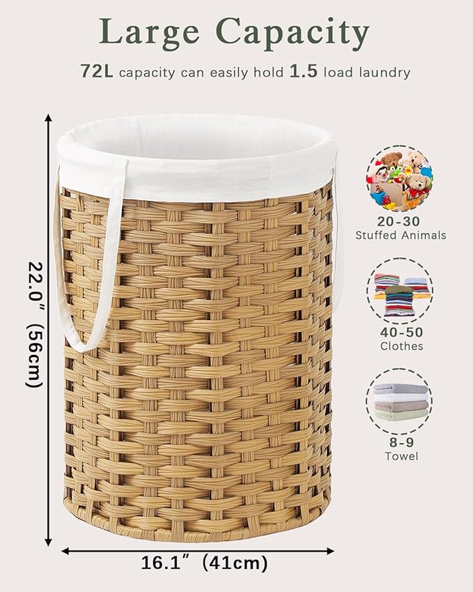 Laundry Hamper Laundry Basket Round 19.0 Gal (72 L) Handwoven Rattan Hamper, Large Wicker Hamper Basket with Removable Liner Bag Handles 2 Mesh Bags for Bathroom Living Room Natural (No Lid)