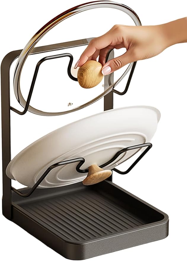 amader Pot Lid Holder & Spoon Rest, 2026 Upgraded Multifunctional Kitchen Organizer Rack with Removable Drip Tray, Space-Saving Countertop Stove Top Storage for Pots Pans (Gray-01)