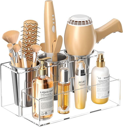 HIIMIEI Hair Tool Organizer, Acrylic Hair Dryer Holder, Bathroom Countertop Blow Dryer Stand Storage, Vanity Organizer for Accessories, Makeup, Flat Irons, Curling Irons, and Toiletries (Clear)