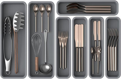 7 Pack Silicone Silverware Drawer Organizer, DIY Free Combination Kitchen Drawer Organizer, Utensil Organizer, Moisture-proof and Heat-resistant up to 200°C, Anti-slip and Environmentally (Grey)