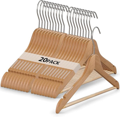 20-Pack Wooden Hangers, Schima superba Hanger, Natural Wood Suit Hangers with Non-Slip Trouser Bars, Hanger for Shirts, Jackets, Dresses, Wedding Dresses