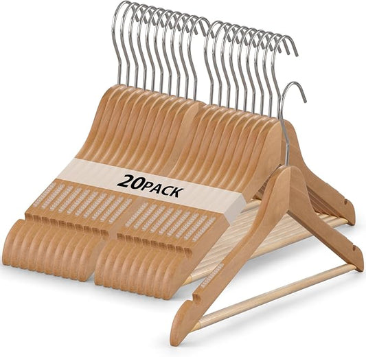 20-Pack Wooden Hangers, Schima superba Hanger, Natural Wood Suit Hangers with Non-Slip Trouser Bars, Hanger for Shirts, Jackets, Dresses, Wedding Dresses