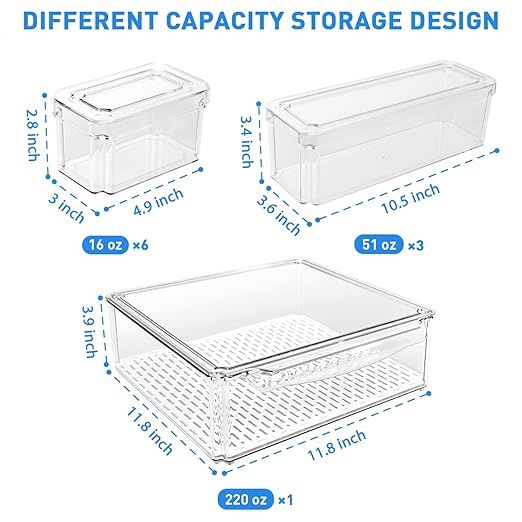 Pomeat 10 Pack Fridge Organizer, Stackable Refrigerator Bins with Lids, BPA-Free Produce Fruit Storage Containers for Fridge, Clear for Food, Drinks, Vegetable
