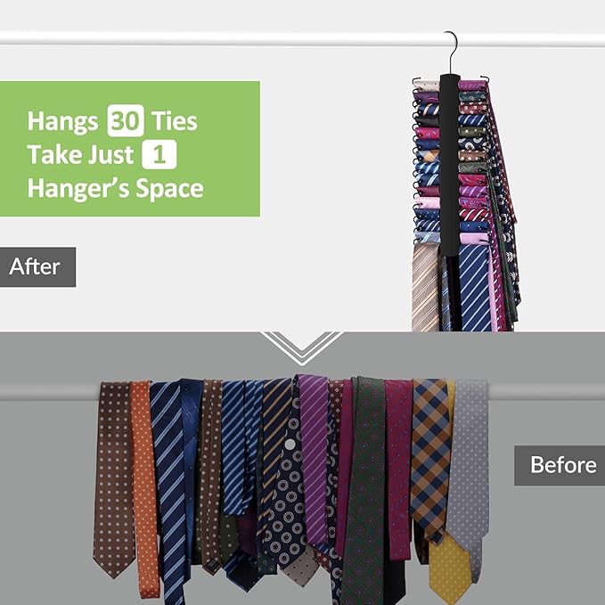 OMHOMETY 2 Pack Tie Rack, Wooden Tie Hanger for Men Closet, 60 Storage Capacity, Non-Slip Rotatable Tie Organizer, Closet Organizers and Storage, Black