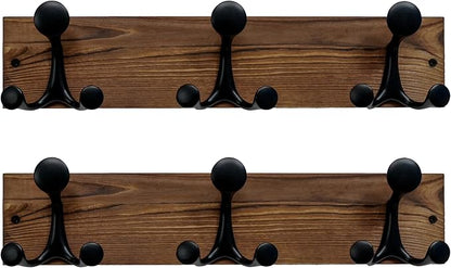 SKOLOO 17-Inch Wood Coat Rack Wall Mount with 3 Triple Hooks - Ideal for Family Entrances, Classrooms, and Pet Supplies Storage - Perfect Coat Hooks for Wall,Charred Golden Brown, Pack of 2