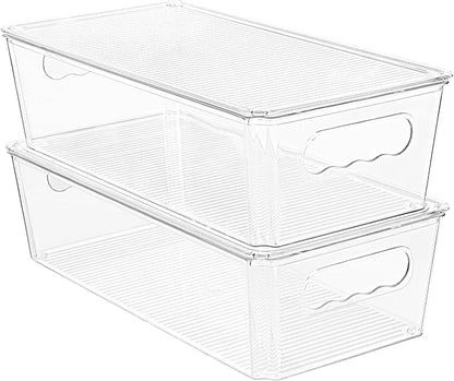 Vtopmart 2pcs Clear Organizers and Storage Bins with Lids, Stackable Plastic Storage Containers with Handles for Fridge, Freezer, Pantry, Cabinet, Kitchen Organization