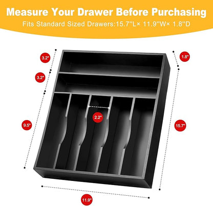 Kitchen Bamboo Silverware Organizer, Kitchen Drawer Organizer - Utensil Holder and Cutlery Tray with Grooved Drawer Dividers for Flatware 7 Slot, Black