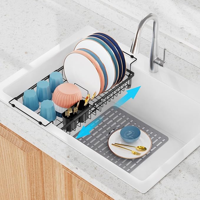 iSPECLE in Sink Dish Drying Rack with Silicone Sink Protector - Expandable Capacity Dish Drainer with Utensil Holder, 15.8''-20.7'' L x 12" W, Large, Black