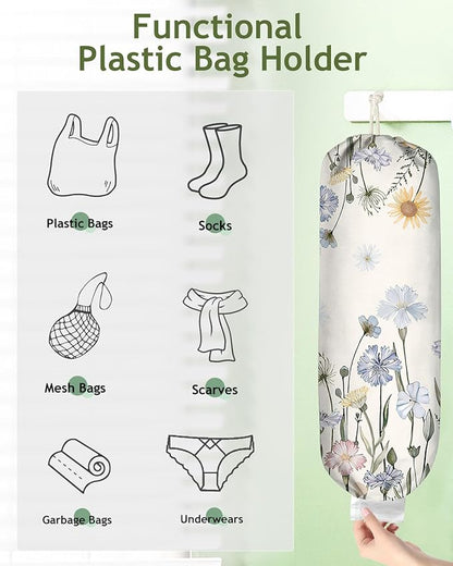 Plastic Bag Holder Organizer - 1 Pack Reusable Canvas Grocery Bags Holder Hanging Wall Cute Aesthetic Shopping Bag Storage Dispenser with Drawstring Closure for Kitchen Home, Color Floral