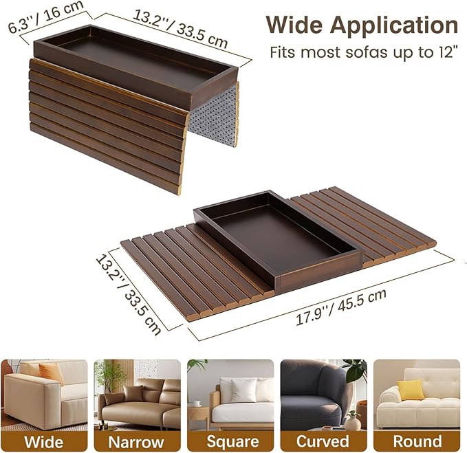 Couch Arm Tray, Bamboo Sofa Table for Couch, Sofa Armrest Tray Table, Anti-Slip Armrest Organizer, Foldable Couch Cup Holder for Snacks, Phone, Control, Cups, Brown