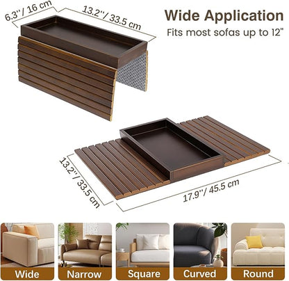 Couch Arm Tray, Bamboo Sofa Table for Couch, Sofa Armrest Tray Table, Anti-Slip Armrest Organizer, Foldable Couch Cup Holder for Snacks, Phone, Control, Cups, Brown