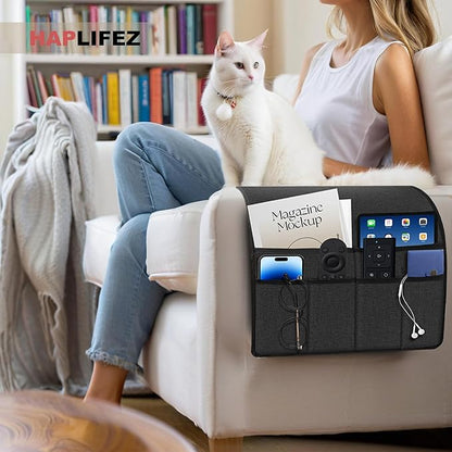 HAPLIFEZ Remote Holder for Recliner Armchair & Couch, Non Slip Sofa Armrest Organizer Caddy with 6 Pockets Thick Linen Fabric Storage for Tablet, Phone, iPad, Magazine, 19x35 Inches, Dark Grey