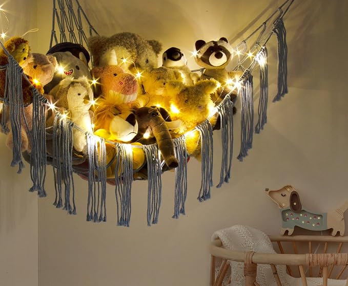 Stuffed Animal Hammock Corner Storage with LED Light - Bluey Room Decor for Girls - Teddy Bear Stuffy Hammock - Cute Blue Things for Bedroom - Wall Ceiling Hanging Decor