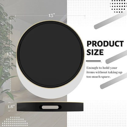 MAONAME Black Decorative Tray for Coffee Table, Modern Round Serving Tray with Handles, 13" Plastic Tea Trays for Ottoman, Bathroom Decor