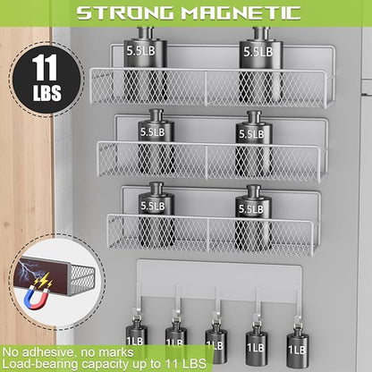 4 Pack Magnetic Shelves for Washing Machine, Heavy-Duty Magnetic Laundry Organizer with Hooks, Washing Machine Shelf for Refrigerator, Metal Storage Baskets, Closet & Laundry Room Organization (Grey)