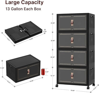 Extra Large Stackable Storage Bins, Lockable Storage Bins with Lids, Folding Storage box with Doors and Wheels, Collapsible Plastic Drawers for Home, Garage, Office (4, Black, Medium)