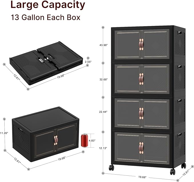 Extra Large Stackable Storage Bins, Lockable Storage Bins with Lids, Folding Storage box with Doors and Wheels, Collapsible Plastic Drawers for Home, Garage, Office (8, Black, Medium)
