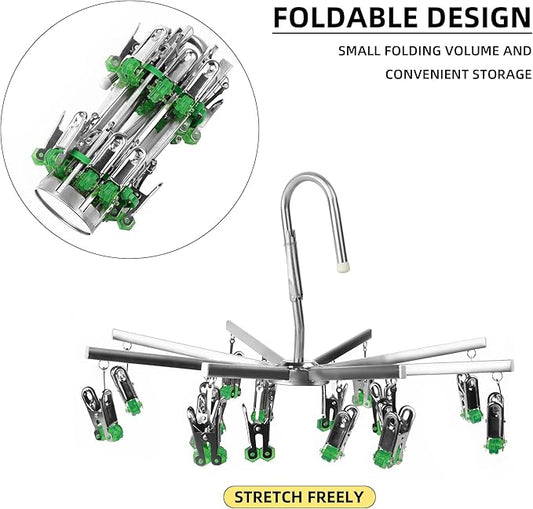Drying Hanger, Hanging Drying Rack, Drip Hanger Stainless Steel with 16 Pegs for Laundry Underwear Socks, Quickly Remove Clothes from Hanger, Windproof, Folding Portable, (Green)