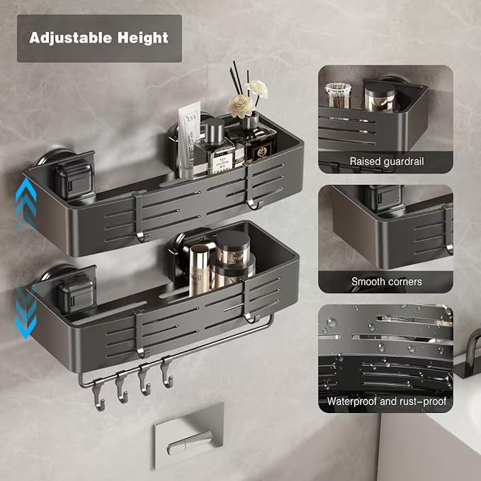 Voldra Shower Caddy Suction Cup, 2 Pack Shower Shelves for Inside Shower No Drilling, Aluminum Suction Showers Organizer with Towel Bar & Hooks Removable Bathroom Shelf Storage Rack(Gray)