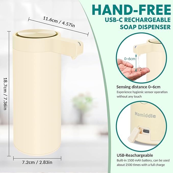 Mamiddle Automatic Soap Dispenser Stainless Steel with Sensor Infrared Soap Dispenser Electric IPX5 Waterproof USB-C Charging Motion Sensor for Kitchen & Bathroom (Ivory)