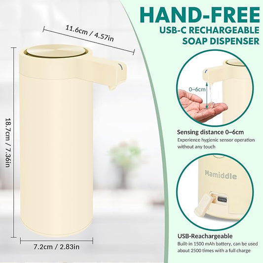 Mamiddle Automatic Soap Dispenser Stainless Steel with Sensor Infrared Soap Dispenser Electric IPX5 Waterproof USB-C Charging Motion Sensor for Kitchen & Bathroom (Ivory)